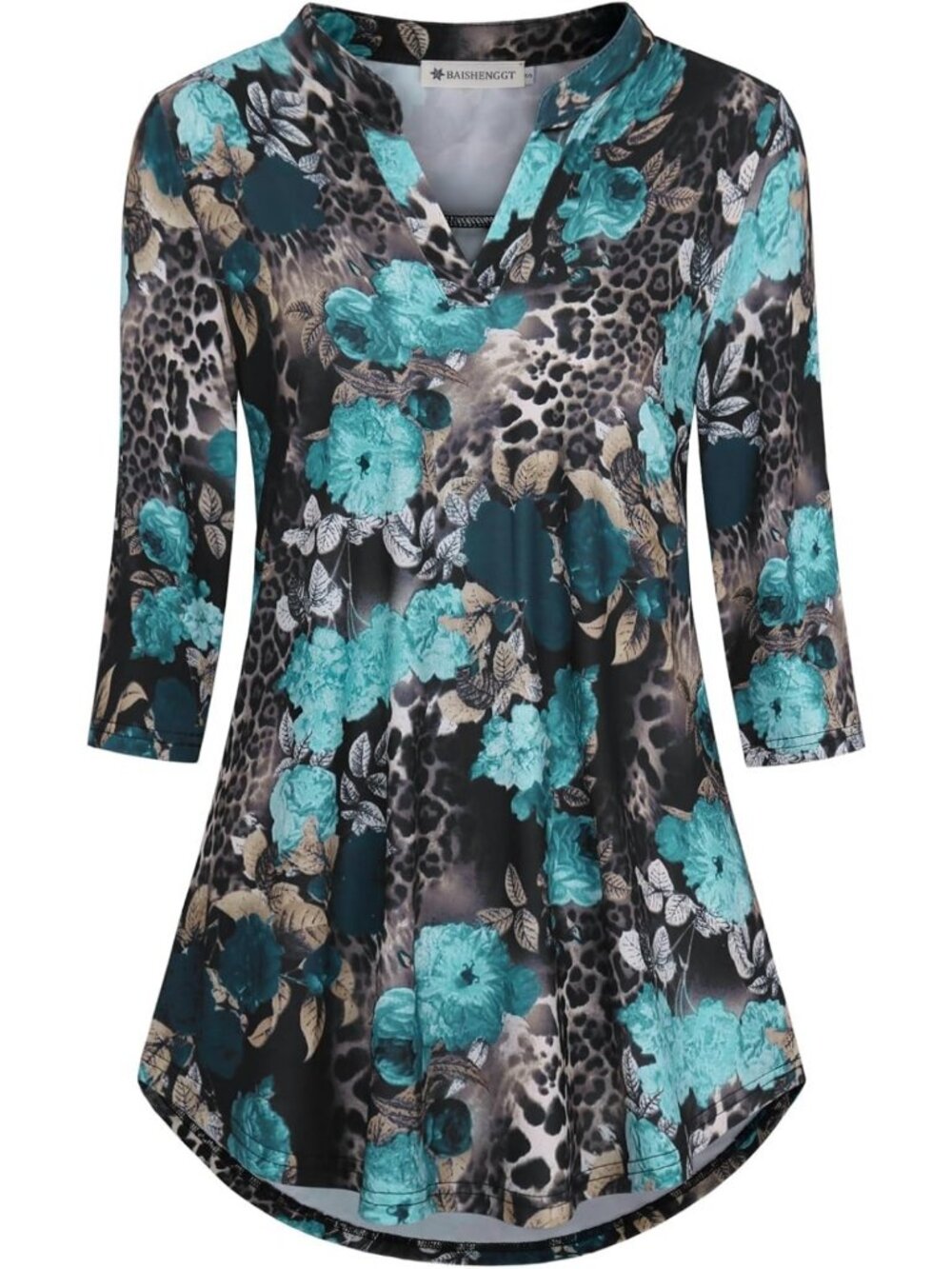 Floral Notch V Neck 3/4 Sleeve Tops for Women | Dressy Casual Loose Fit Tunic